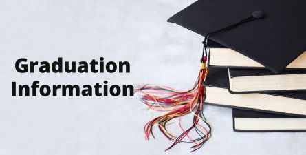 Text: 2023 Graduation Information, Graphic with books and graduation cap