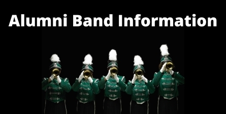 White text: Alumni Band Information. Black background, graphic with five band members playing trumpet