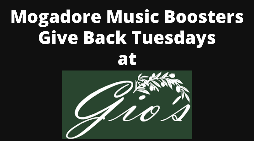 Mogadore Music Boosters Give Back Tuesdays at Gio's, Black background, white font, Gio's restaurant logo