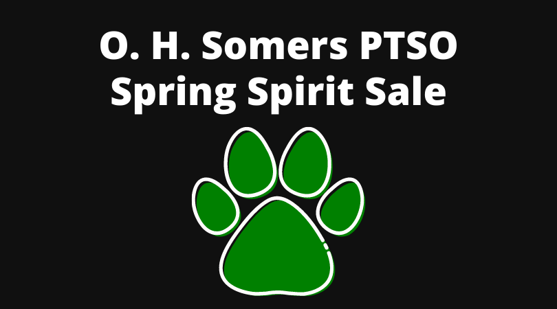 OH Somers PTSO Spring Spirit Sale, black background, white font, green paw print
