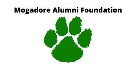 Black Text: Mogadore Alumni Foundation, white background with a green pawprint