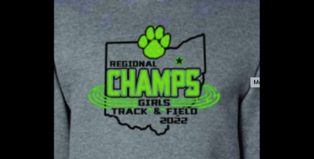 Grey shit, regional champs, girls track and field  2022,  image of spirit wear