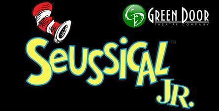 Text: Green Door Theatre Company, Seussical Jr. Black background with theatre company logo. Image includes Cat in the Hat red and white striped hat