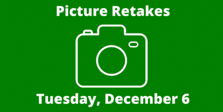White text: Picture Retakes, Tuesday, December 6, Green background with white camera