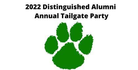 Text: 2022 Distinguished Alumni Annual Tailgate Party, black text, green paw, white background