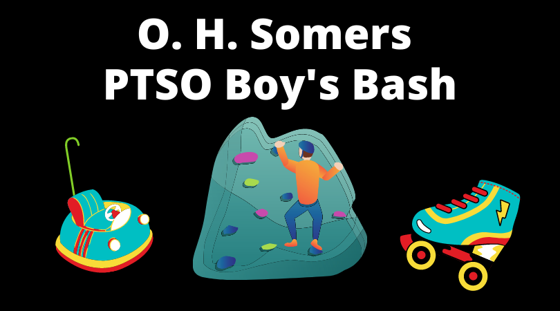 OH Somers PTSO Boy's Bash. Black background, with bumper car, rock climbing, and roller skate clipart.