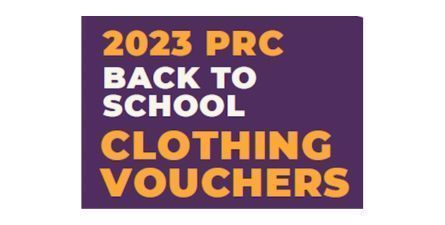 Orange and white text: 2023 PRC Back to School Clothing vouchers
