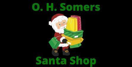 Black background, Santa graphic with shopping bags. Green text: O.H. Somers Santa Shop
