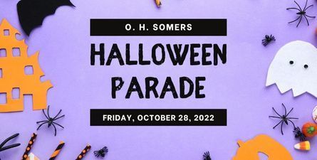 Purple background with halloween images. Text: OH Somers Halloween Parade, Friday, October 28, 2022.