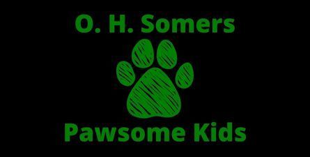 Black background, green text. OH Somers Pawsome Kids, green paw print graphic