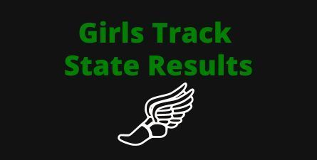 Green textL Girls Track State Results, graphic with white track