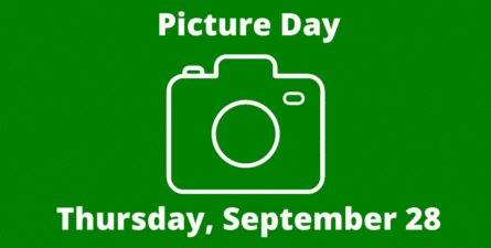 White text: Picture Day Thursday, September 28, green background, white graphic with camera