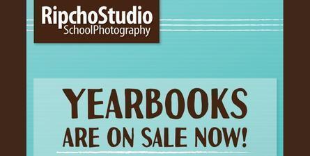 Brown and teal blue background, with white and brown text: Ripcho Studio School Photography, Yearbooks are on Sale Now!