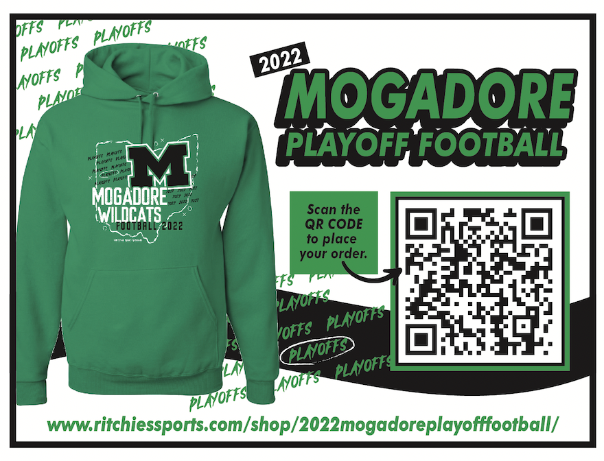 Image of Mogadore Playoff Football apparel with QR Code.
