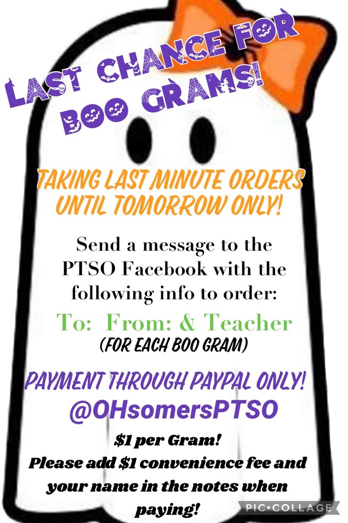 Last chance for Boo Grams. Taking last minute orders until October 25th. Send a message to the PTSO Facebook page with the following info to order: To: From: and Teacher (for each boo gram) Payment through Paypal only @ OHSomersPTSO $1 per gram! Please add $1 convenience fee and your name in the notes when paying.